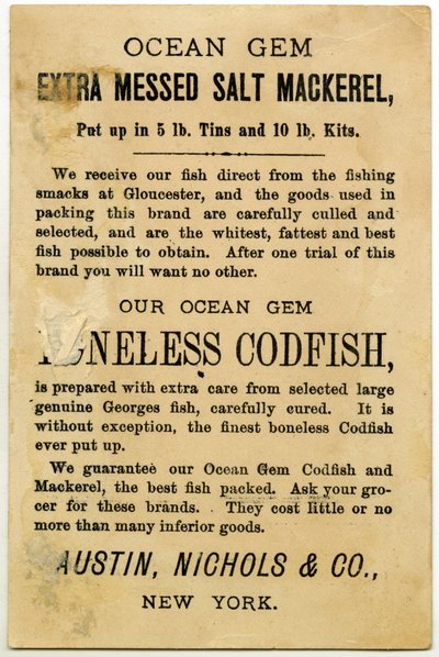 Austin, Nichols & Co. Ocean Gem Mackerel, trade card verso. by American School